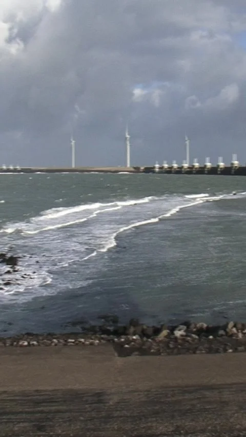 Vertical - Eastern Scheldt storm surge barrier view from north sea side + pan Stock Footage 308170283