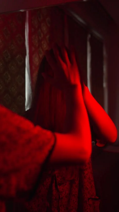 Vertical Eerie Female Ghost Standing in Front of Mirror in Candlelit Room with Video stock 320164421