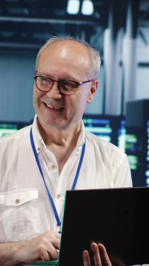 Vertical Elderly engineer optimizes data center Stock Footage 247621144