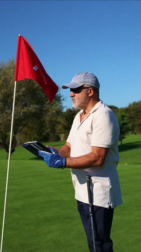 Vertical elderly golfer using a tablet to record scores during a tournament Stock Footage 292017476