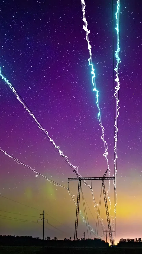 Vertical of Electrical power grid timelapse with electricity flow animation Stock Footage 334691434