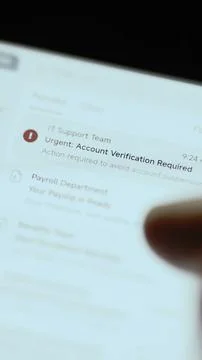 Vertical email inbox highlights an IT Support Team message demanding Stock Photos