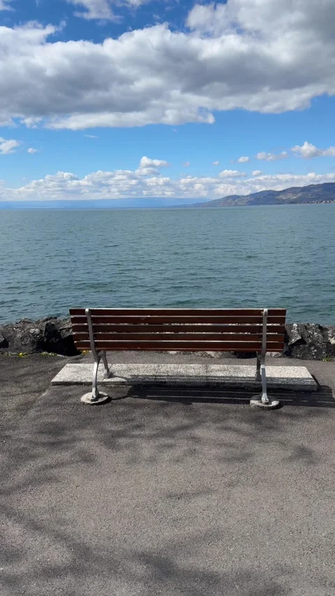 Vertical empty bench by Lake Geneva calm minimal outdoor scene Stock Footage 331975589