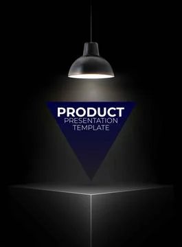 Vertical empty dark podium with hanging lamp. Black box stand for product Illustrazione stock