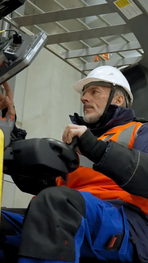 Vertical of Engineer controls forklift truck pushing buttons on monitor Stock Footage 275623537
