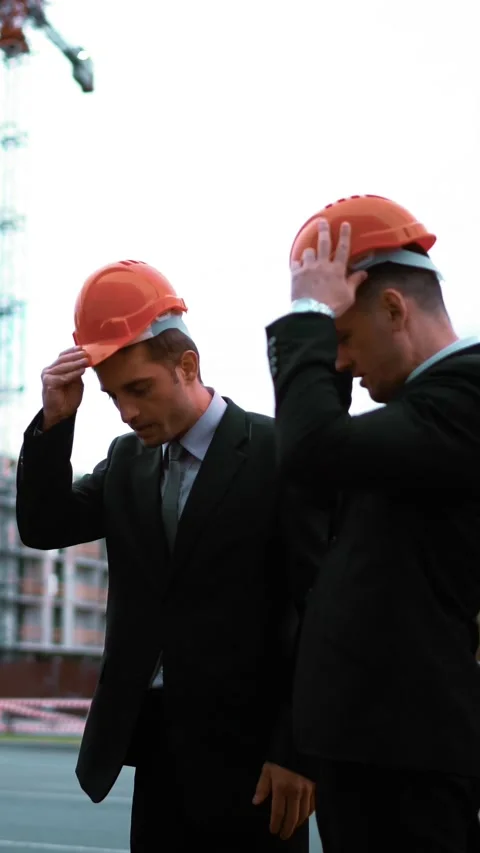 Vertical of Engineer giving businessmen helmets Stock Footage 305474110