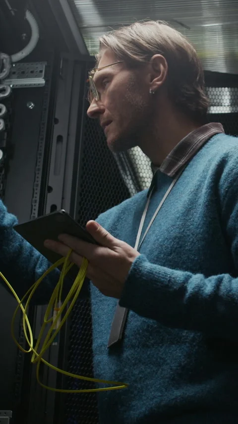 Vertical of Engineer Inspecting Server Rack with Tablet in Data Center Stock Footage 330541098