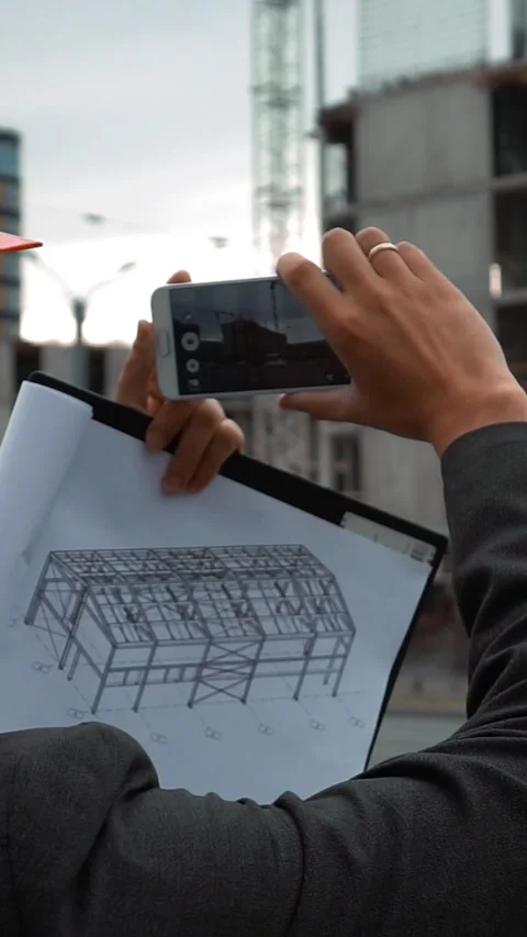 Vertical of Engineer with the smart phone taking pictures of construction Stock Footage 305500514