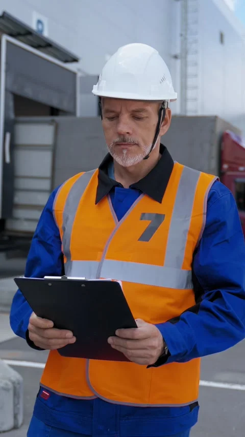 Vertical of Engineer stands near warehouse doing stock tick check Stock Footage 275622317