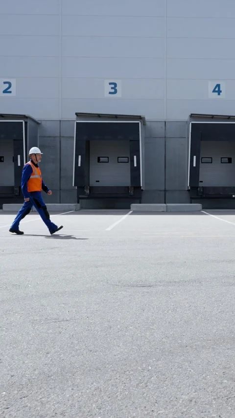 Vertical of Engineer walks against large warehouse with open gates Stock Footage 275619481