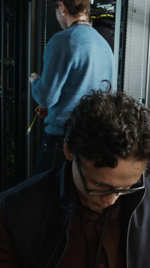 Vertical of Engineers Connecting Network Cable While Configuring Servers Stock Footage 330541689