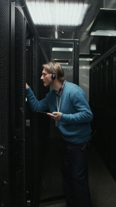Vertical of Engineers Performing Maintenance on Server Rack Equipment Stock Footage 330540577