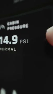 Vertical environmental control screen reports normal cabin pressure of 14.9 库存照片