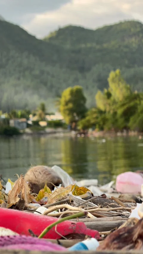 A vertical environmental view shows plastic waste scattered along a riverbank Stock Footage 325601378