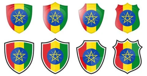 Vertical Ethiopia flag in shield shape, four 3d and simple versions. Ethiopia Ilustración de archivo