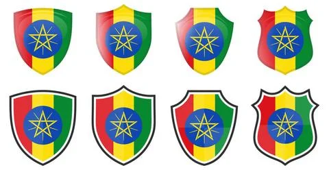 Vertical Ethiopia flag in shield shape, four 3d and simple versions. Ethio... Stock Photos