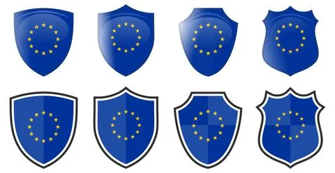 Vertical EU flag in shield shape, four 3d and simple versions. European Union Ilustración de archivo