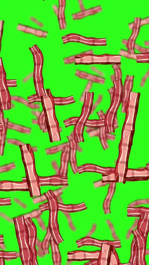 Vertical Falling Bacon Strips on Bright Green Background Stock Footage 325152389