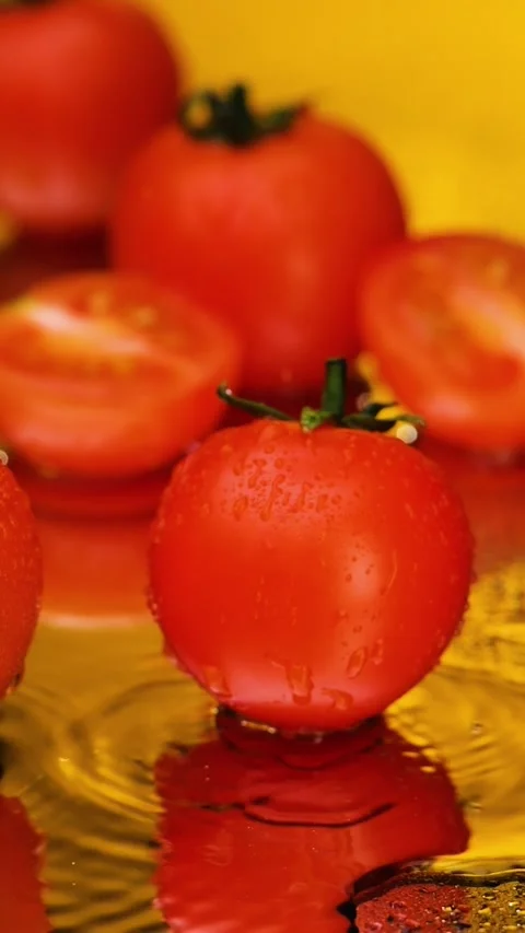 Vertical Falling Red Cherry Tomatoes into Water on Yellow Background Slow Motion Stock Footage 292562709