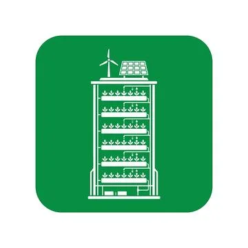 Vertical farming system with solar panel and wind turbine on green backgrou.. Stock Illustration
