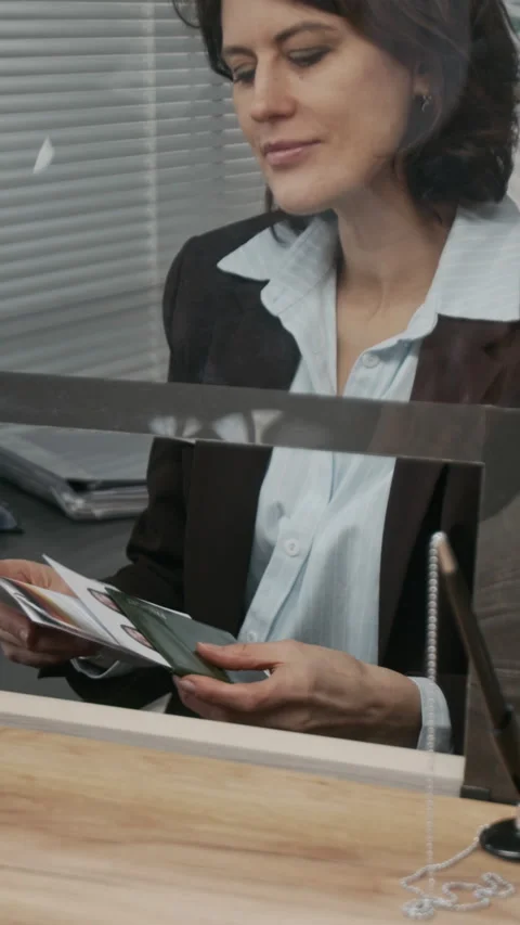 Vertical of Female Applicant Submitting Documents for German Visa 스톡 동영상 331519549