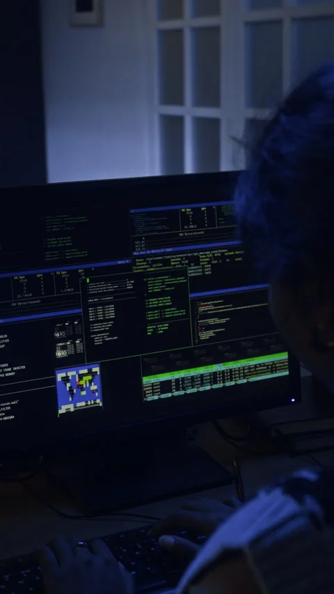 Vertical of Female Criminal Coding on Computer Hacking System at Night in Office Stock Footage 328251606