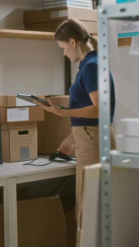 Vertical of Female Delivery Operator with Tablet Scanning Parcels on Rack Stock Footage 321489576