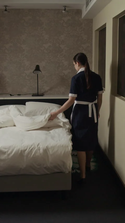 Vertical of Female Housekeeper in Uniform Making Bed in Hotel Room Stock Footage 336078334