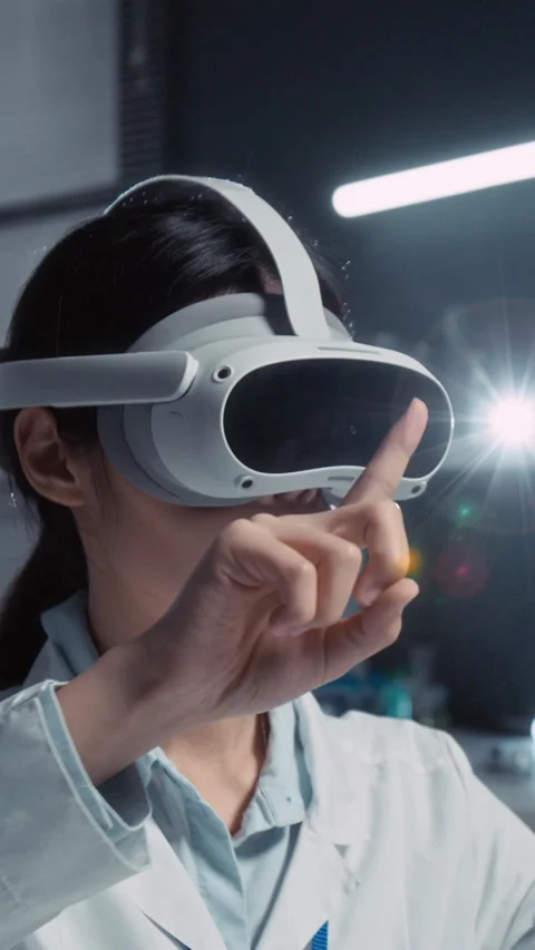 Vertical of Female Scientist in Virtual Reality Headset Conducting Test in Lab Stock Footage 312378360