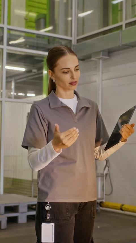 Vertical of Female Storage Manager Holding Tablet Gesturing in Storage Facility Stock Footage 340282579