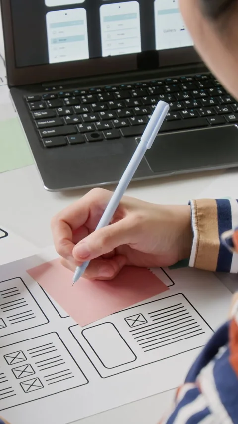 Vertical of Female UI Designer Working on Low Fidelity Wireframes Stock Footage 327898092
