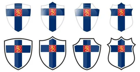 Vertical Finland flag in shield shape, four 3d and simple versions. Finnish i Ilustración de archivo