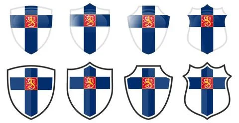 Vertical Finland flag in shield shape, four 3d and simple versions. Finnis... Stock Photos