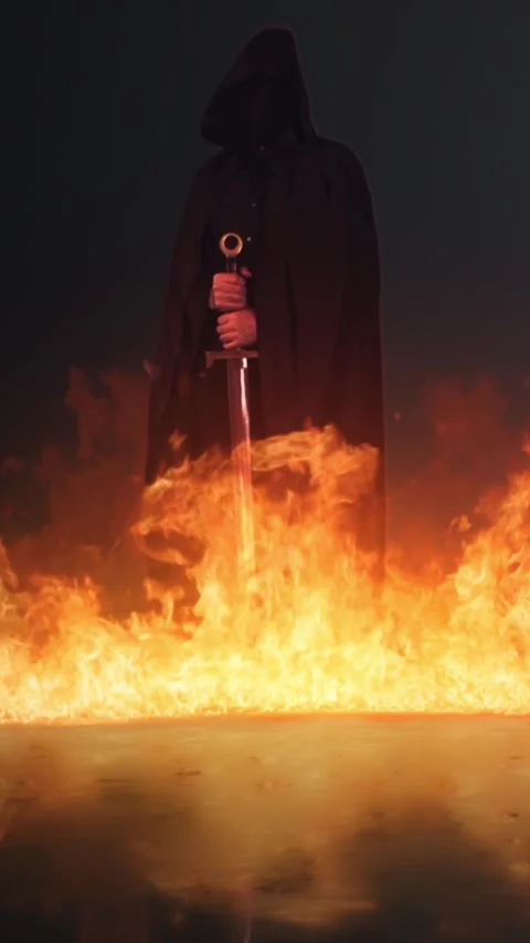 Vertical Fire Blazing Dark Figure with Sword 4K Stock Footage 273955188