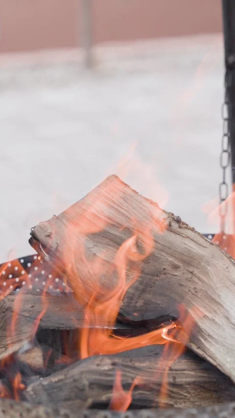 Vertical fireplace flames close up for burning firewood background with glowing Stock Footage 337042534
