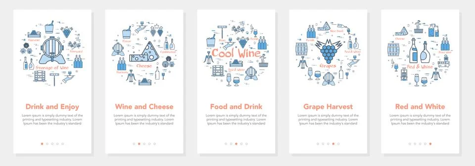Vertical five banners with line concept of winemaking - wine and cheese Stock Illustration