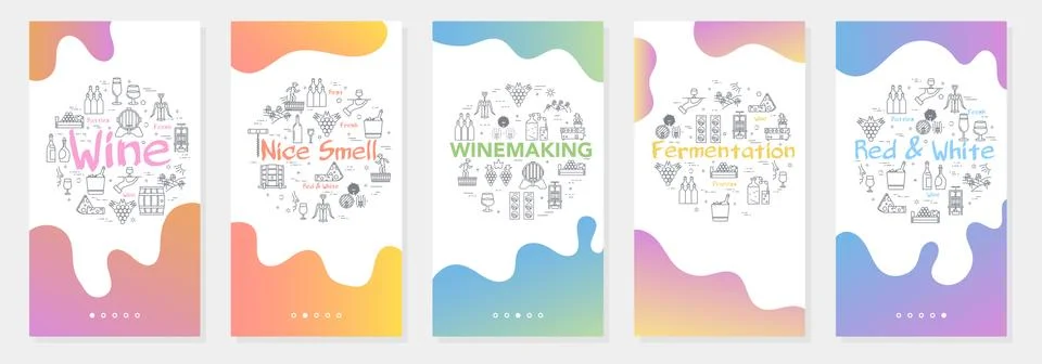 Vertical five banners with line concept of winemaking - fermentation Stock Illustration