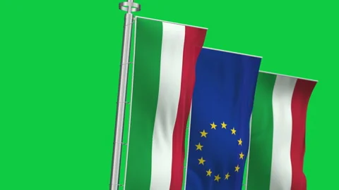 Vertical flags of Italy and the UE waving isolated on green background Stock Footage 332720204