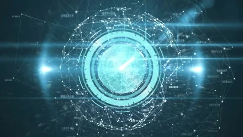 Vertical flash fading as turquoise data globe rotating, clock hand rotating Stock Footage 321099098