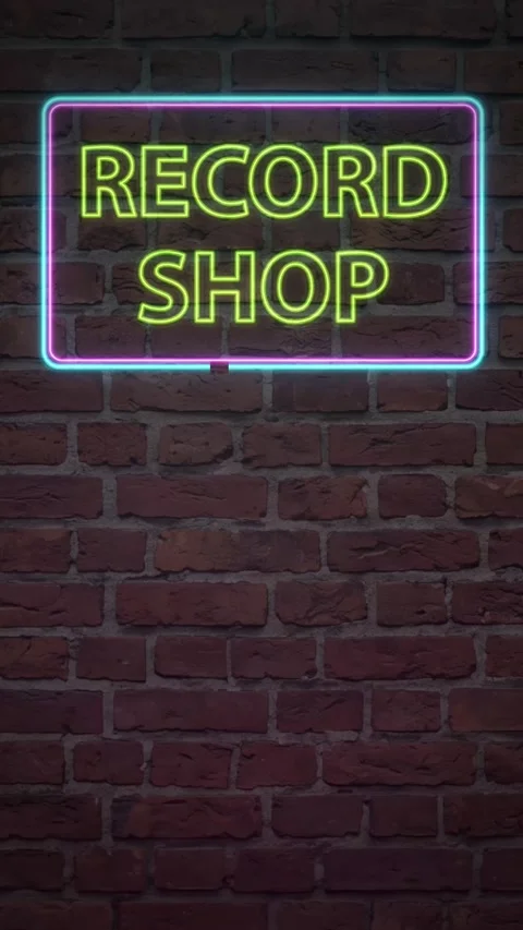Vertical Flashing Neon Record Shop Sign on Dark Brick Wall Background Stock Footage 341723937
