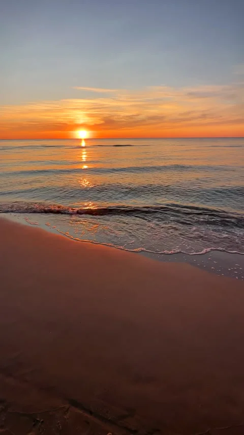 Vertical. Flat beach sunset, bird flying above calm sea sun touching horizon Vídeos de archivo 277685467