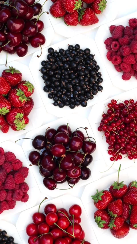 Vertical Flat Lay Of Assorted Berries And Cherries Overhead View Stock Footage 343279859