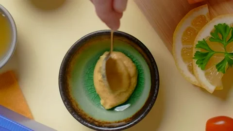 Vertical flat lay: chef mixes sauce with mustard and honey Stock Footage 180942814