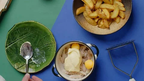 Vertical flat lay food video: chef cooks fish pate Stock Footage 188080573