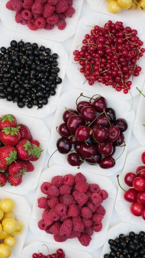 Vertical Flat Lay Of Mixed Summer Berries And Sweet Cherries Stock Footage 343281630