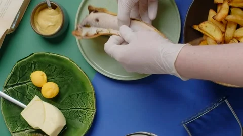 Vertical flat lay recipe: chef removes bones from the hot-smoked mackerel and Stock Footage 181108768