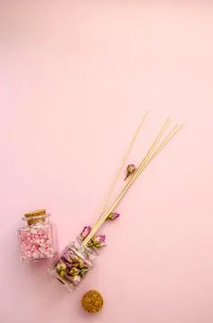 Vertical Flat Lay SPA witn a lot of copy space and pink sea salt Stock Photos