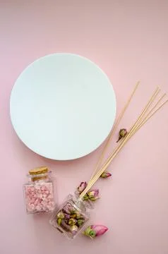 Vertical Flat Lay SPA witn a lot of copy space and pink sea salt in a glass jar Stock Photos