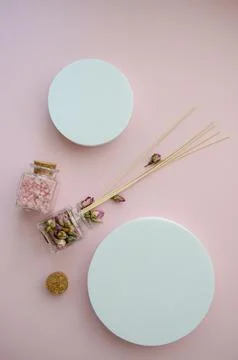 Vertical Flat Lay SPA witn a lot of copy space and pink sea salt in a glass jar Stock Photos