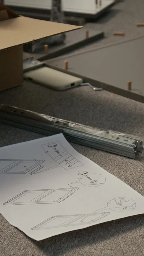 Vertical of Flatpack Cabinet Assembly Instruction on Floor at Home Stock Footage 330534118